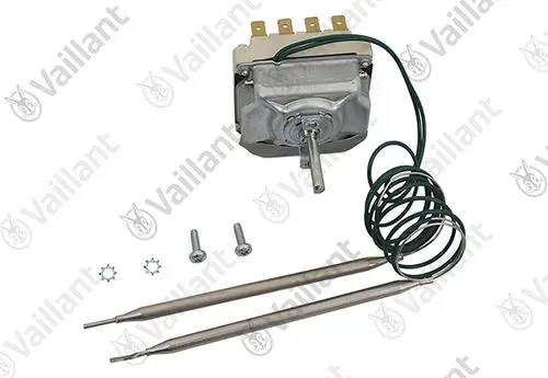 Vaillant Entladeregler mit Motor und zwei metallischen Fühlern. Enthält Schrauben und Sicherungsringe für die Montage.